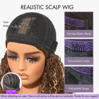 Beginner Friendly Ash Blonde Highlights Water Wave True Scalp Minimalist Lace Glueless Curly Wig with Bangs