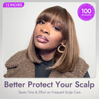 Ash Blonde Highlights with Dark Brown Base Yaki Blunt Cut Bob Wig with Bangs Glueless Minimalist Lace Short Wig