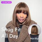 Ash Blonde Highlights with Dark Brown Base Yaki Blunt Cut Bob Wig with Bangs Glueless Minimalist Lace Short Wig