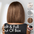 Ash Blonde Highlights with Dark Brown Base Yaki Blunt Cut Bob Wig with Bangs Glueless Minimalist Lace Short Wig