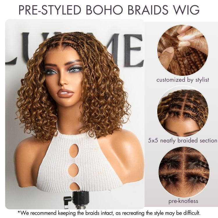 Readitress™ Ombre Brown Highlight Boho Braids Deep Curly Glueless 5x5 Closure Lace with Braided Top Human Hair Wig Pre-Cut Lace