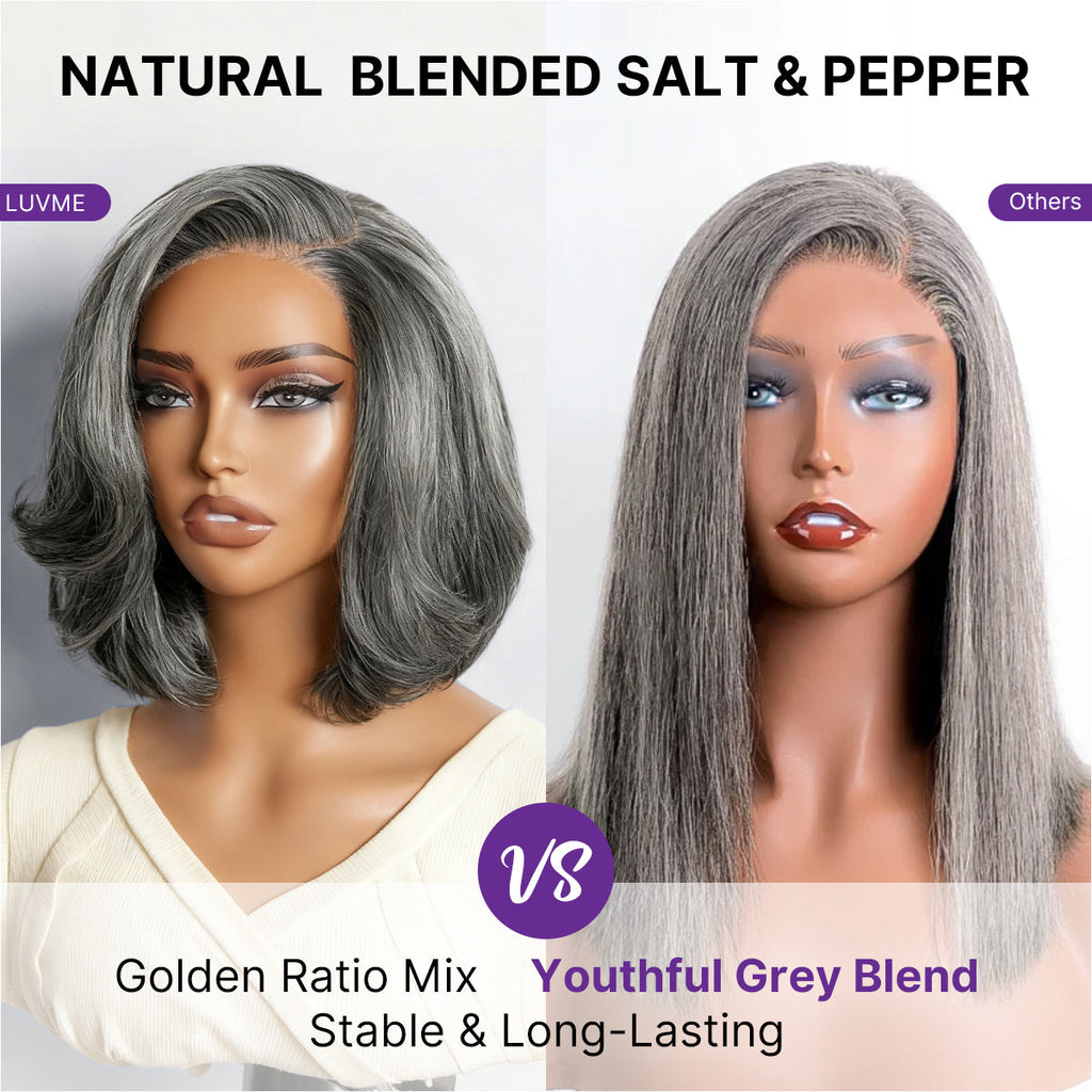 Salt & Pepper 100% Human Hair Layered Bob Wig Glueless Minimalist Lace Grey Wig Pre-Cut Lace