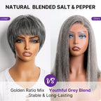 Salt & Pepper 100% Human Hair Short Pixie Cut Glueless Wig with Bangs Ultra Comfort Skin-Like Soft Care Hair Loss Friendly
