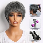 Salt & Pepper 100% Human Hair Short Pixie Cut Glueless Wig with Bangs Ultra Comfort Skin-Like Soft Care Hair Loss Friendly