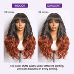 Ombre Reddish Brown Loose Wave Glueless 5x5 Closure Lace Wig with Bangs Pre-Cut Lace
