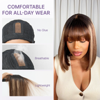 Beginner Friendly Honey Blonde Highlight Yaki Blunt Cut Bob Glueless Minimalist Lace Bob Wig with Bangs