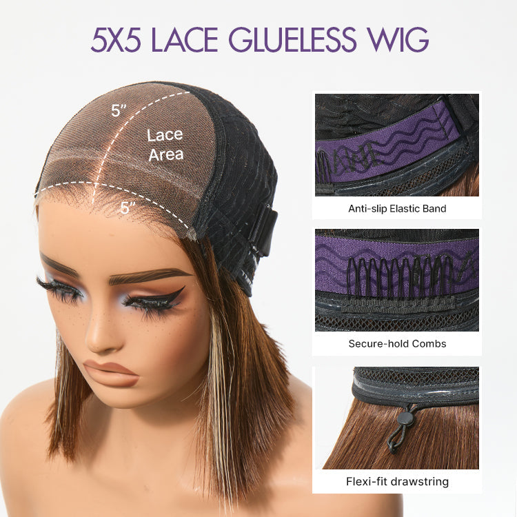 Ash Blonde Highlight Glueless 5x5 HD Closure Lace Bob Wig Pre-Cut Lace Flexi-Fit Drawstring Cap