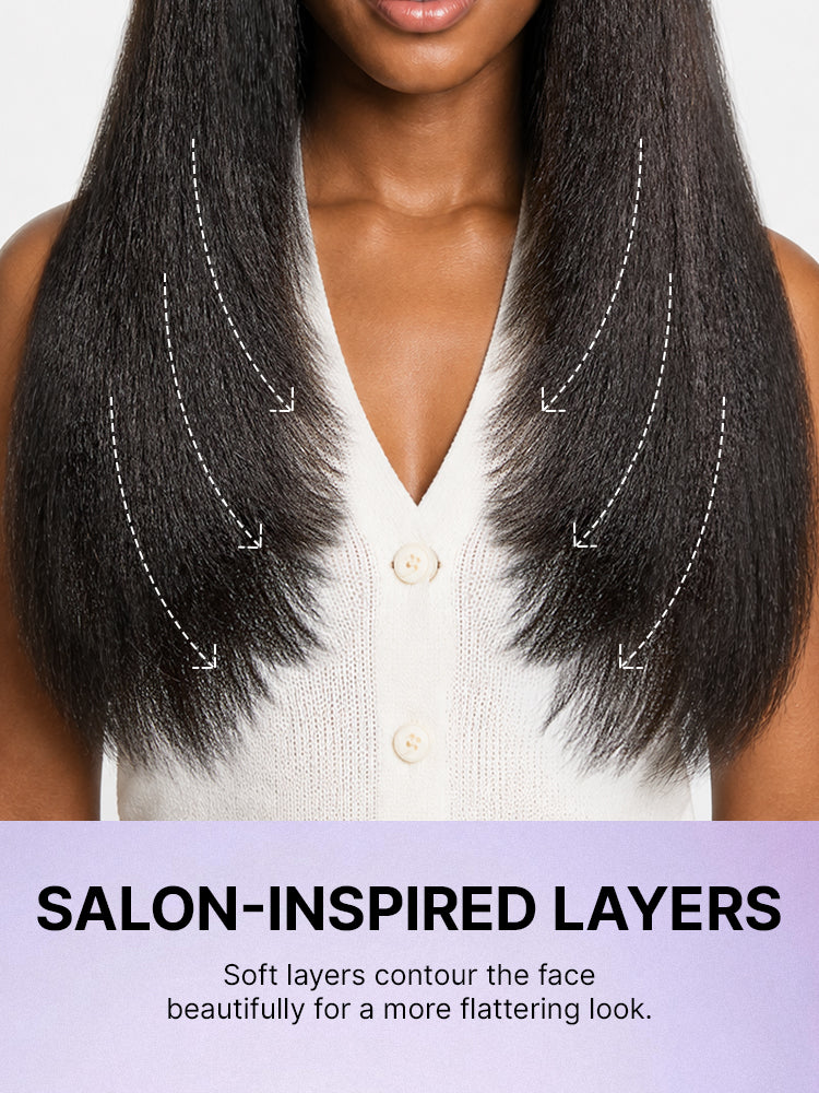 180% Density Light Kinky Straight Butterfly Cut Layered / Kinky Body Wave Glueless 7x6 Closure HD Lace Wig Pre-Cut Lace