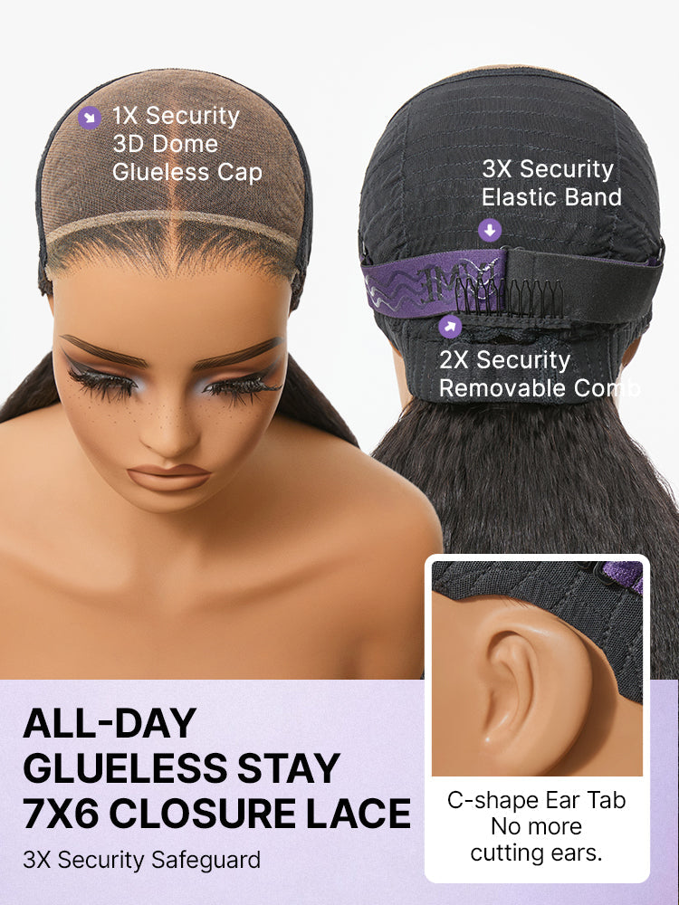 180% Density Light Kinky Straight Butterfly Cut Layered / Kinky Body Wave Glueless 7x6 Closure HD Lace Wig Pre-Cut Lace