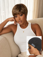 Throw On & Go Light Blonde Short Cut with Bangs Wig Ultra Comfort Skin-Like Soft Care Glueless Wig