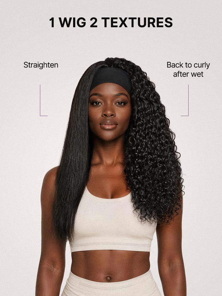 Beginner Friendly Water-Wave Wet and Wavy Headband Wig with Integrated Cooling Silk Headband. Effortless Wet-to-Dry Transformation (Get 2 Free Headbands)