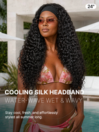 Beginner Friendly Water-Wave Wet and Wavy Headband Wig with Integrated Cooling Silk Headband. Effortless Wet-to-Dry Transformation (Get 2 Free Headbands)