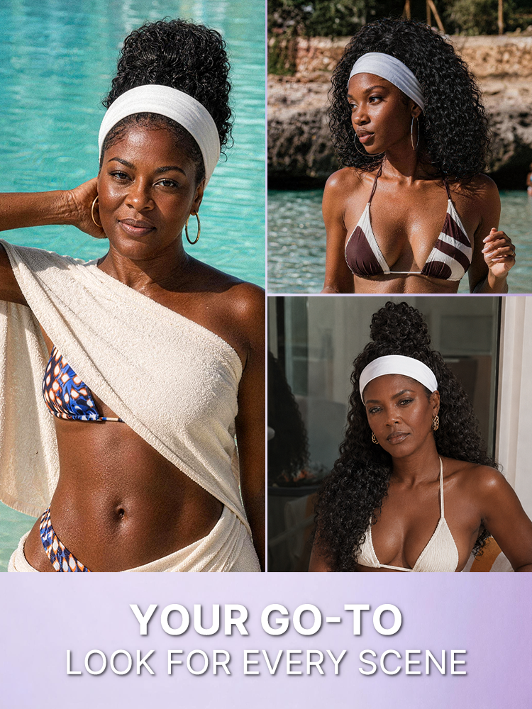 Beginner Friendly Water-Wave Wet and Wavy Headband Wig with Integrated Cooling Silk Headband. Effortless Wet-to-Dry Transformation (Get 2 Free Headbands)