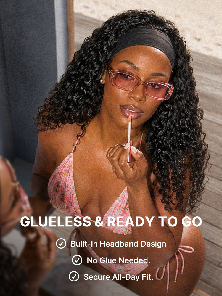 Beginner Friendly Water-Wave Wet and Wavy Headband Wig with Integrated Cooling Silk Headband. Effortless Wet-to-Dry Transformation (Get 2 Free Headbands)