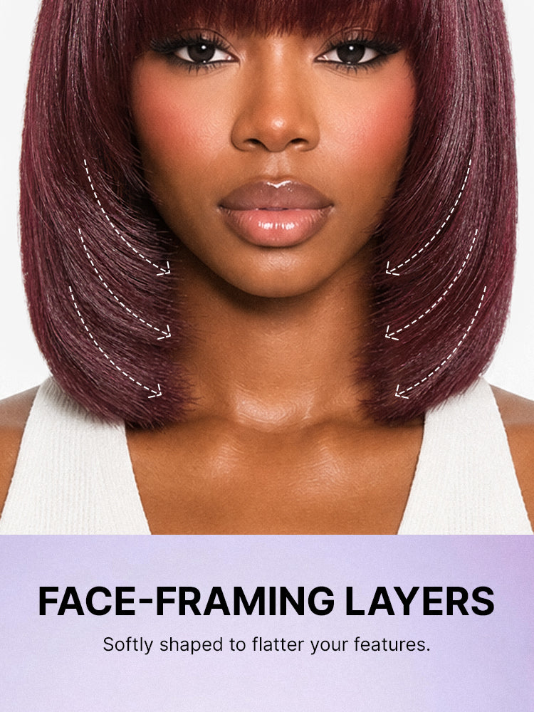 Put On and Go Reddish Purple Layered Cut Yaki Straight Minimalist Lace Bob Wig with Bangs All-Day Comfort Cap