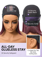 Put On and Go Reddish Purple Layered Cut Yaki Straight Minimalist Lace Bob Wig with Bangs All-Day Comfort Cap