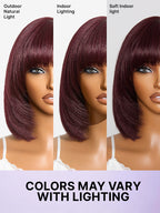 Put On and Go Reddish Purple Layered Cut Yaki Straight Minimalist Lace Bob Wig with Bangs All-Day Comfort Cap