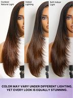 Luvme All-Day Comfort™ Wig 180% Density Ombre Brown Butterfly Cut Layered Light Yaki Straight Glueless 7x6 Closure HD Lace Human Hair Wig Pre-Cut Lace
