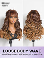 Luvme All-Day Comfort™ Wig 180% Density Ombre Blonde Highlight Loose Body Wave Glueless 7x6 Closure HD Lace Human Hair Wig with Bangs Pre-Cut Lace