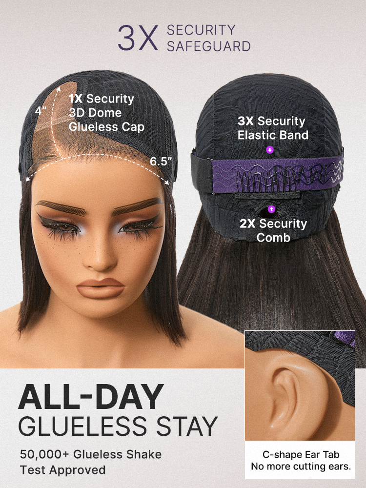 180% Density Sleek Short Bob Minimalist HD Lace Wig Pre-cut Lace All-Day Comfort Cap