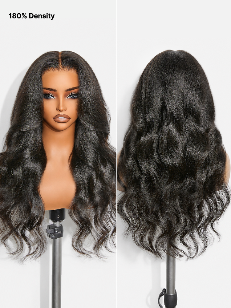 180% Density Light Kinky Straight Butterfly Cut Layered / Kinky Body Wave Glueless 7x6 Closure HD Lace Wig Pre-Cut Lace