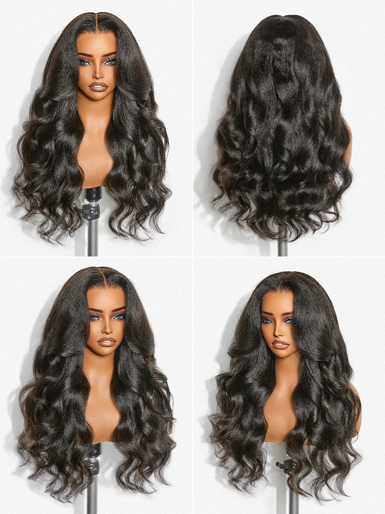 180% Density Light Kinky Straight Butterfly Cut Layered / Kinky Body Wave Glueless 7x6 Closure HD Lace Wig Pre-Cut Lace