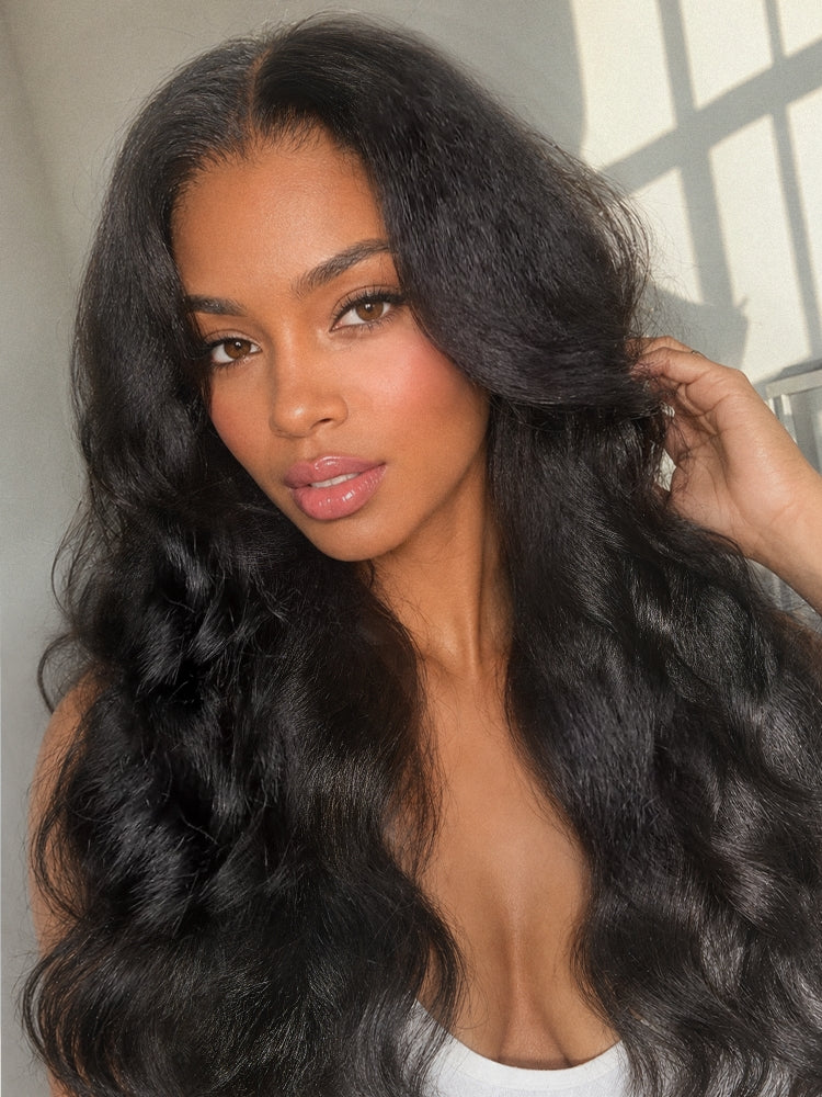 180% Density Light Kinky Straight Butterfly Cut Layered / Kinky Body Wave Glueless 7x6 Closure HD Lace Wig Pre-Cut Lace