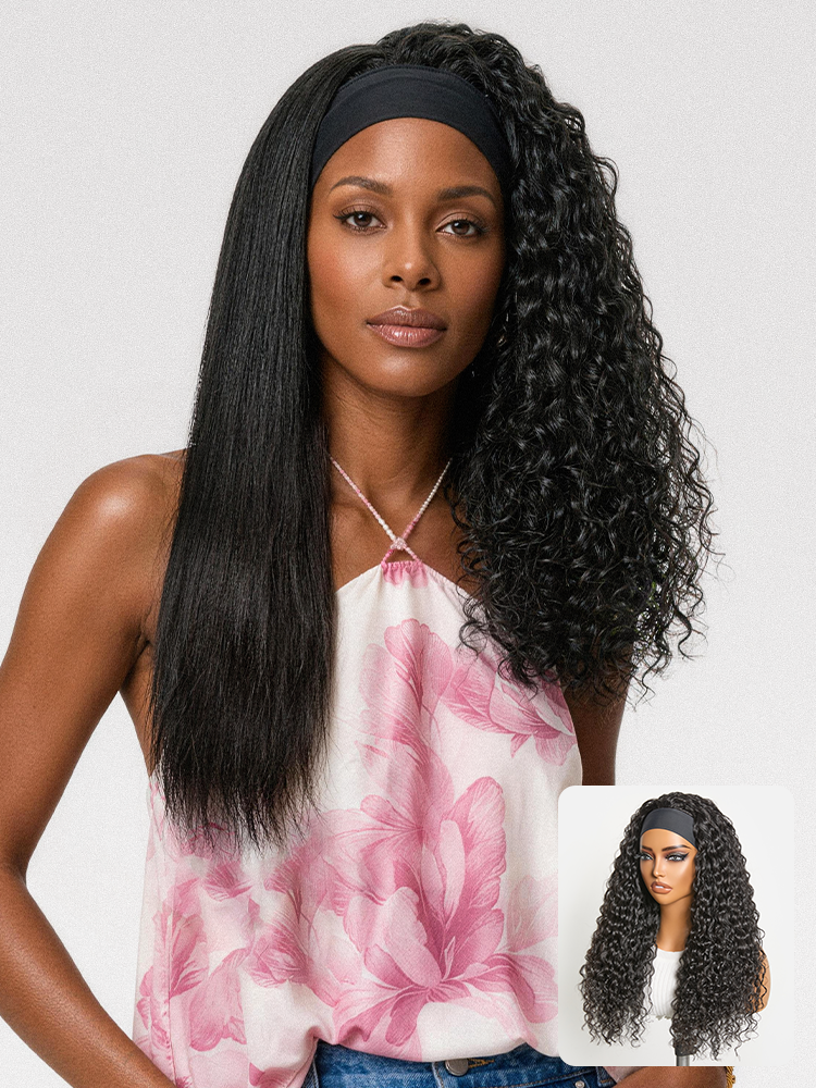 Beginner Friendly Water-Wave Wet and Wavy Headband Wig with Integrated Cooling Silk Headband. Effortless Wet-to-Dry Transformation (Get 2 Free Headbands)