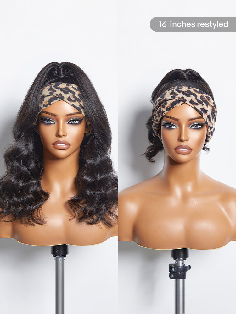 Natural Black Body Wave No Lace Glueless Long Headband Wig 100% Human Hair
