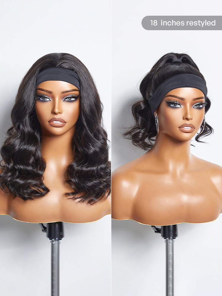 Natural Black Body Wave No Lace Glueless Long Headband Wig 100% Human Hair