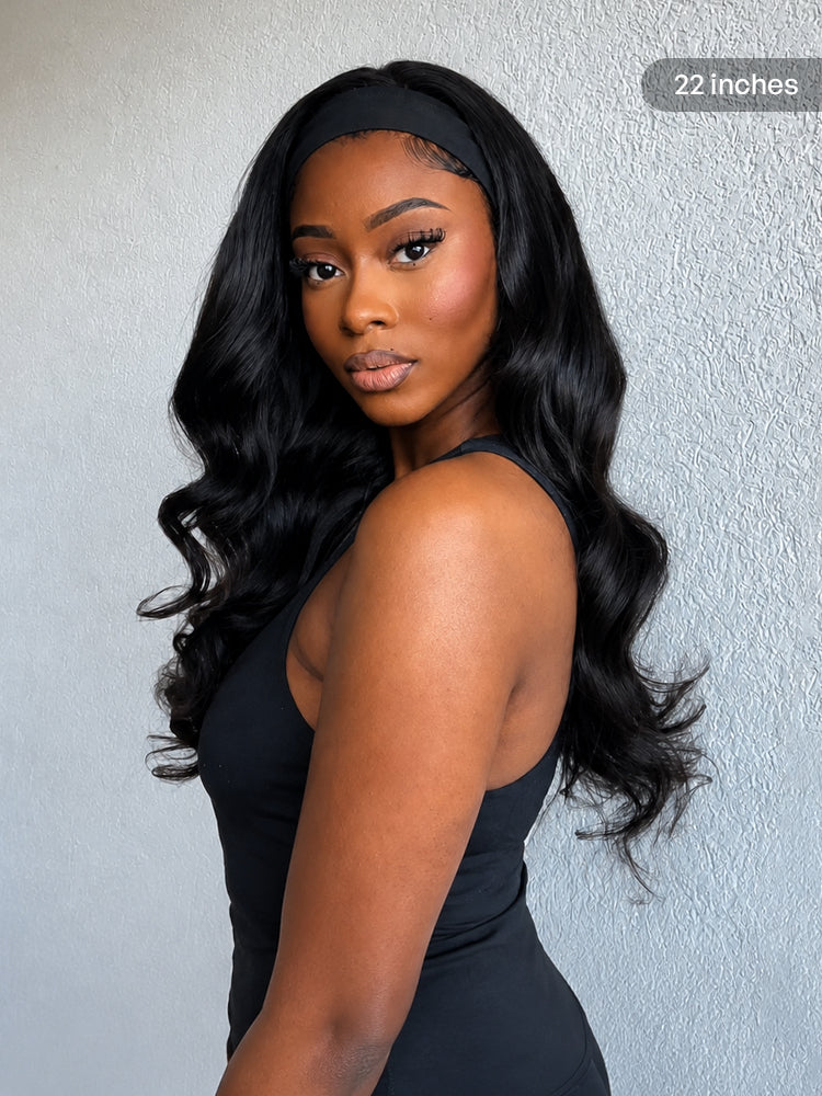 Natural Black Body Wave No Lace Glueless Long Headband Wig 100% Human Hair