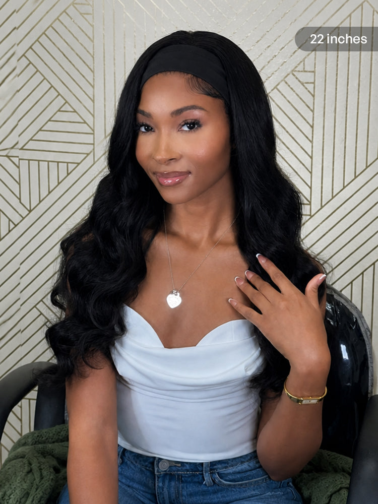 Natural Black Body Wave No Lace Glueless Long Headband Wig 100% Human Hair