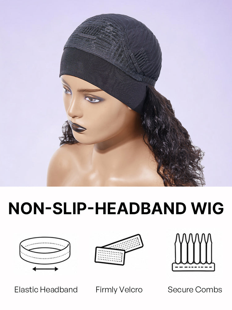 Natural Black Body Wave No Lace Glueless Long Headband Wig 100% Human Hair