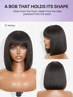 Put On and Go Realistic Glueless Yaki Straight Bob with Bangs Minimalist Lace Wig 100% Human Hair