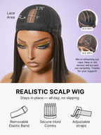 Put On and Go Realistic Glueless Yaki Straight Bob with Bangs Minimalist Lace Wig 100% Human Hair