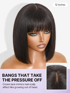 Put On and Go Realistic Glueless Yaki Straight Bob with Bangs Minimalist Lace Wig 100% Human Hair