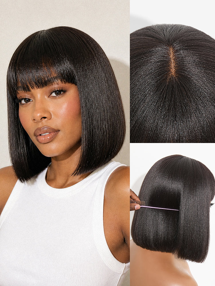 Put On and Go Realistic Glueless Yaki Straight Bob with Bangs Minimalist Lace Wig 100% Human Hair