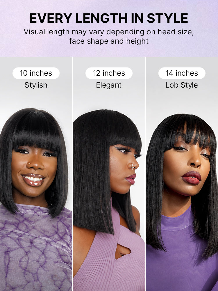 Put On and Go Realistic Glueless Yaki Straight Bob with Bangs Minimalist Lace Wig 100% Human Hair