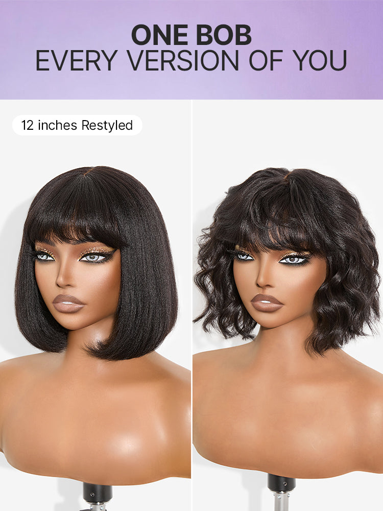 Put On and Go Realistic Glueless Yaki Straight Bob with Bangs Minimalist Lace Wig 100% Human Hair