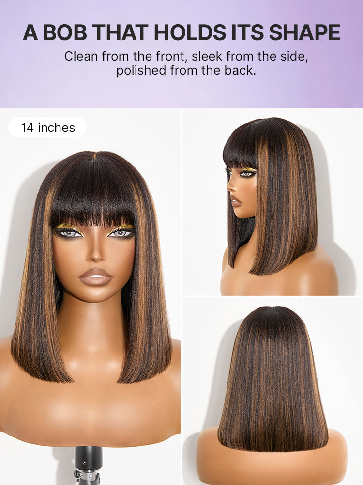 Put On and Go Realistic Glueless Yaki Straight Bob with Bangs Minimalist Lace Wig 100% Human Hair