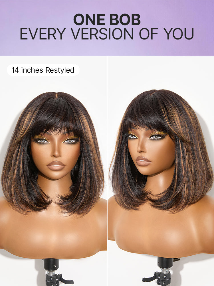 Put On and Go Realistic Glueless Yaki Straight Bob with Bangs Minimalist Lace Wig 100% Human Hair
