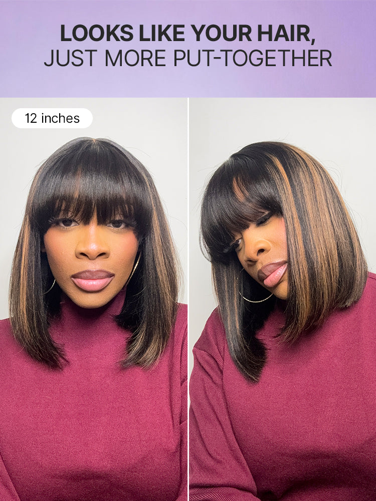 Put On and Go Realistic Glueless Yaki Straight Bob with Bangs Minimalist Lace Wig 100% Human Hair