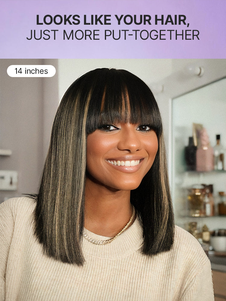 Put On and Go Realistic Glueless Yaki Straight Bob with Bangs Minimalist Lace Wig 100% Human Hair