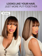 Put On and Go Realistic Glueless Yaki Straight Bob with Bangs Minimalist Lace Wig 100% Human Hair