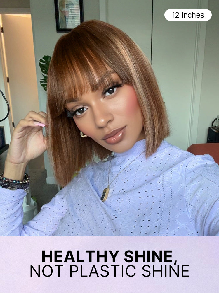 Put On and Go Realistic Glueless Yaki Straight Bob with Bangs Minimalist Lace Wig 100% Human Hair