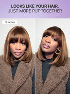 Put On and Go Realistic Glueless Yaki Straight Bob with Bangs Minimalist Lace Wig 100% Human Hair