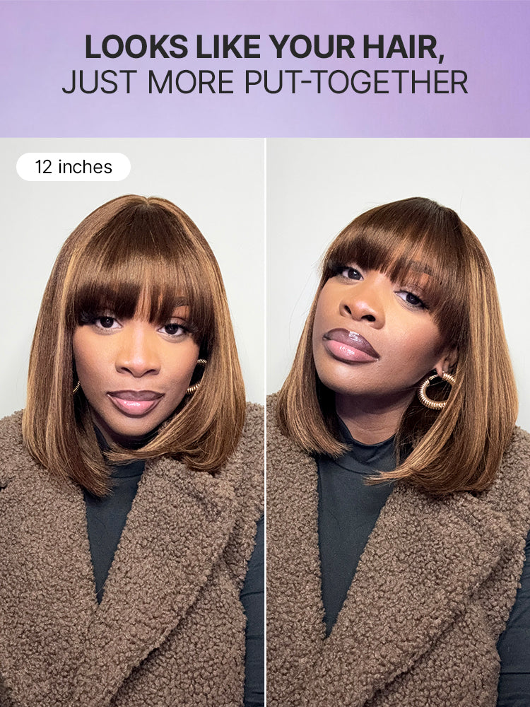 Put On and Go Realistic Glueless Yaki Straight Bob with Bangs Minimalist Lace Wig 100% Human Hair
