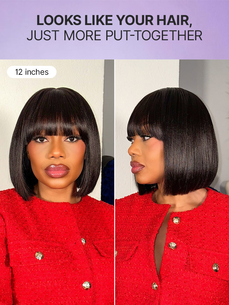 Put On and Go Realistic Glueless Yaki Straight Bob with Bangs Minimalist Lace Wig 100% Human Hair