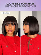 Put On and Go Realistic Glueless Yaki Straight Bob with Bangs Minimalist Lace Wig 100% Human Hair