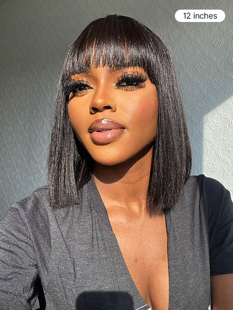 Put On and Go Realistic Glueless Yaki Straight Bob with Bangs Minimalist Lace Wig 100% Human Hair